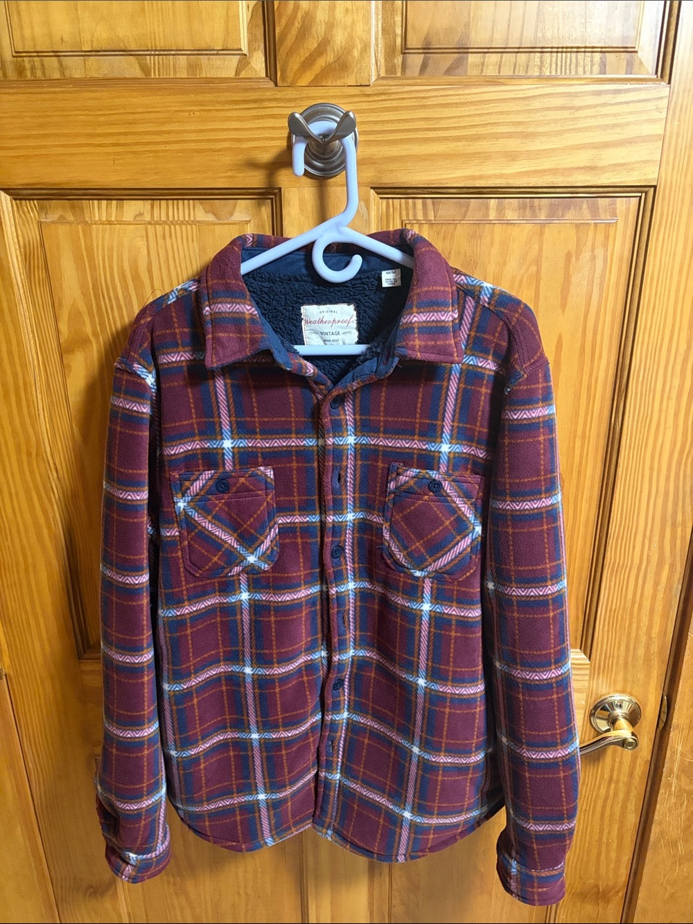 Weatherproof Burgundy Plaid Sherpa-Lined Jacket with Blue Accents